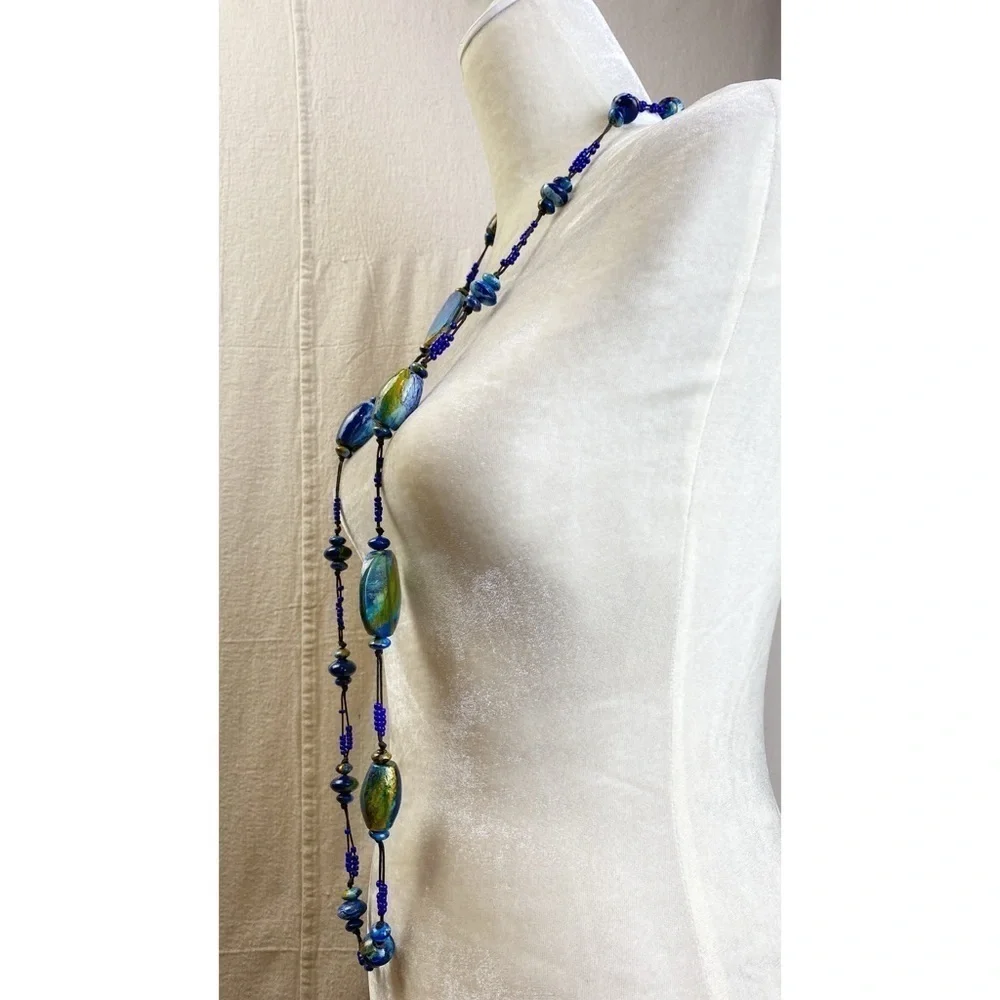 Extra Long vintage painted wood bead necklace blue gold green marbled paint